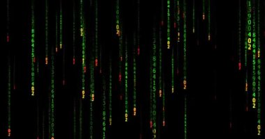 Siyah arkaplanda ikili kod, ekranda yeşil sayılar hareket ediyor. Matris kodu arka planı. Dijital çağ konsepti. İkili algoritma, HUD arayüzü, veri kodu, şifre çözme ve kodlama