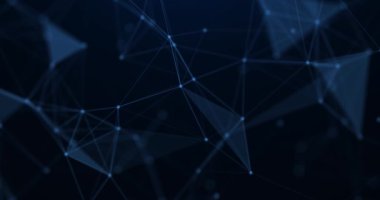 Noktalar ve çizgilerden oluşan hareket katmanı olan soyut bir arkaplan. Bir ağ bağlantısının geleceksel görselleştirilmesi. Teknoloji, sosyal ağlar, iletişim, iş. Üçgenlerden yapılmış bir yüzey. animasyon 4K