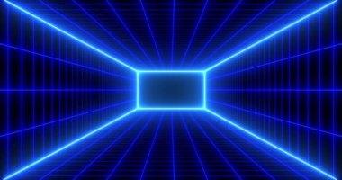 Soyut bilim-kurgu ızgarası, dinamik animasyon retro neon kablosuz ağ görüntüsü, parlayan çizgiler ve ışıklar. siber teknoloji, mavi dijital arkaplan