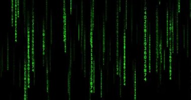 Green binary code on black background, random numbers, binary algorithm, matrix style binary code. Digital data display. data code, encryption and coding. abstract background