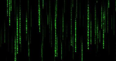 Green binary code on black background, random numbers, binary algorithm, matrix style binary code. Digital data display. data code, encryption and coding. abstract background