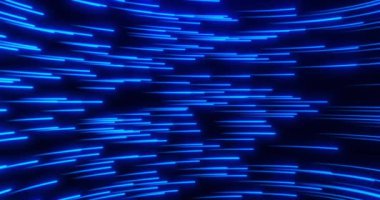 Parlayan çizgilerin animasyonu, yüksek hızlı neon parçacık akışı, büyük veri akışı, dijital teknoloji mavi arkaplan, hareket eden ışık parçacıkları, uzaysal iletişim ağı. Kusursuz döngü