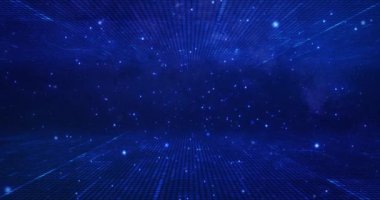 4K Digital cyberspace with particles and Digital data network connections. Abstract technology data flow, blue digital glowing grid, connection concept, big data, futuristic background,  seamless loop, 4K