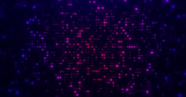 Parlayan neon ışıkları olan soyut dijital arkaplan, fütüristik siber uzay. Büyük veriler, yüksek teknoloji konsepti. Sanal alan. Parlak rastgele noktalar ve ızgara. Kusursuz döngü 4k video. 