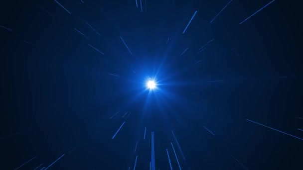 Частицы Летящие Лучам Света Светящиеся Линии Высокой Скорости Футуристический Синий — стоковое видео