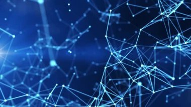 Noktalar ve çizgilerden oluşan hareket katmanı olan soyut bir arkaplan. Bir ağ bağlantısının geleceksel görselleştirilmesi. Teknoloji, sosyal ağlar, iletişim, iş. animasyon 4K, kusursuz döngü.