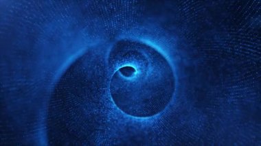 Girdap halinde parlayan parçacıkların soyut animasyonu. Hareketli noktalı 4K Light arkaplan. Yapay zeka. 3B görüntüleme. 