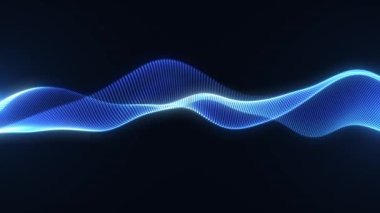 Mavi zemin üzerinde hareket eden parçacık ve noktalardan oluşan soyut parlayan dijital siber dalga, büyük veri görselleme, geleceksel ve teknolojik, 3D, 4K, kusursuz döngü