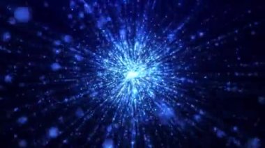 Soyut ışıldayan ve parlayan parçacıklar kameraya düşüyor. Mavi parçacıkların patlaması ya da havai fişekleri. Parlak noktalardan oluşan güzel bir dere. Kusursuz döngü