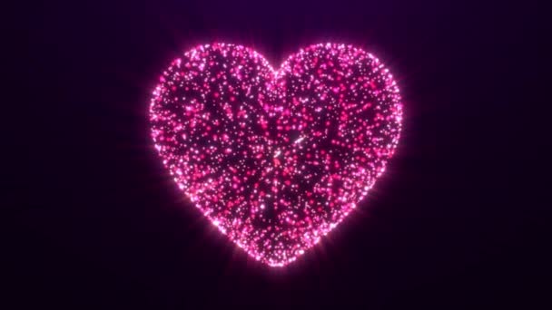 Işık Işınları Yayan Parçacıkların Soyut Kalbi Boyutlu Neon Kalp Parçacıkları — Stok video