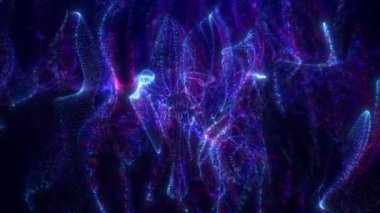 Dijital fütürist dalgalar. Dalga enerji parçacıklarının soyut arkaplanı, parlak dijital noktalar ve peri tozu. Kusursuz döngü canlandırması