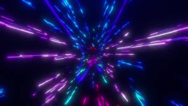 Abstrakter Flug Digitaler Neon Partikel Hyperwarp Raum Einem Tunnel Fliegende — Stockvideo