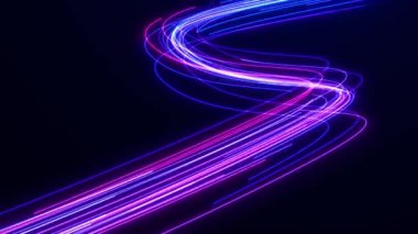 Işık çizgileri kıvrımlı. Parlayan ışın ışığı. Ultraviyole ve mavi fütüristik parçacık akışı. Parlak neon bir yörünge boyunca hızla hareket eden ışık akışları. Soyut arkaplan