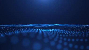Parçacıkların ve noktaların soyut parlayan dalgaları mavi arkaplanda, büyük veri görselleştirmesi, fütüristik ve dijital arkaplan, 3D, 4K, kusursuz döngü