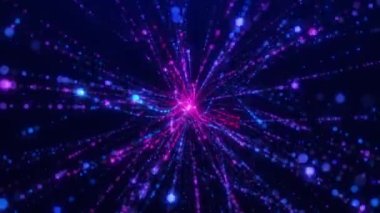 Parlak neon ışık çizgileri parçacıklardan oluşur. Parçacık patlaması. Yüksek hızda hiperwarp uzayındaki dijital neon parçacıklarının soyut uçuşları. Geleceksel ya da teknolojik siber altyapı. Kusursuz döngü