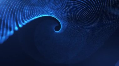 Dijital parçacıklardan oluşan dönen yüzey. Parçacıkların ve noktaların soyut parlayan dalgaları mavi arkaplan üzerinde hareket eder, büyük veri görselleştirmesi, fütüristik ve dijital arkaplan, 3D, 4K