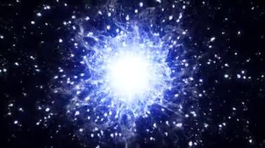 Parlayan parçacıkların büyülü bir animasyonu. Mavi küre enerji parçacıklarının izi. Parıldayan, kıvılcım saçan, şok dalgalı soyut neon alevler. Üç boyutlu animasyon. Ekran Koruyucu video canlandırması