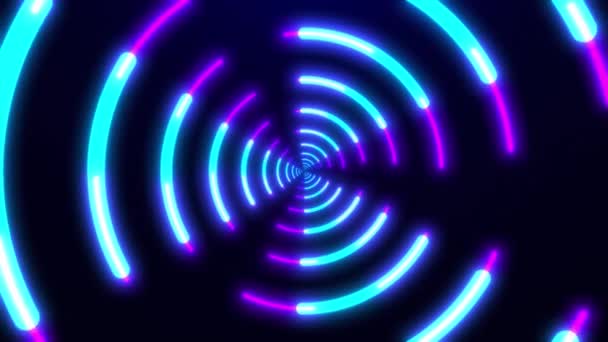 ネオンライトを輝かせる抽象的なデジタル背景 レトロ 明るい光る円またはリングの回転 紫外線ランプ ビデオ スクリーンセーバーアニメーション — ストック動画