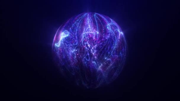 概要輝く球 光の光線で明るく輝くエネルギーボール 粒子やドットからの魔法の波 原子科学の抽象的な背景 シームレスなループ — ストック動画
