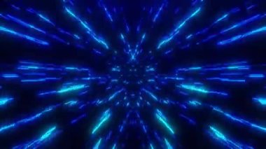 Bir tüneldeki hiperwarp uzayındaki dijital neon parçacıklarının soyut uçuşu. Yüksek hızda uçan hatlar. Geleceksel ya da teknolojik siber arkaplan
