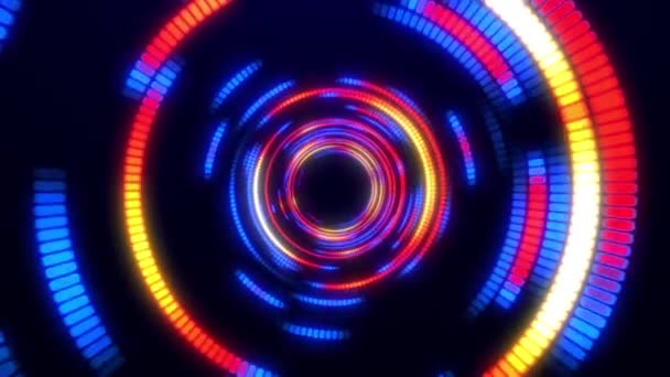 Terowongan Berputar Digital Abstrak Dengan Lampu Bercahaya Acak Putaran Lingkaran — Stok Video