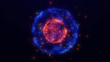 Soyut parlayan küre, parlayan enerji topu, sihirli plazma topu, parçacıklardan ve noktalardan gelen dalgalar, soyut atom bilimi arka planı, kusursuz döngü