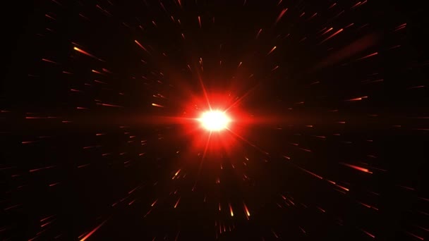 ハイパースペースが宇宙に飛び込む 空飛ぶ粒子 気象シャワー 粒子爆発による抽象空間シーン ネオンライトストライプ 暗闇の中で飛んでいる美しい青いストリーマー 未来的な背景 ループ — ストック動画
