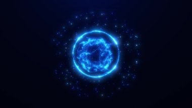 Soyut parlayan küre, enerji topu ışık ışınlarıyla parlıyor, parçacıklardan ve noktalardan gelen sihirli dalgalar, atomik bilim soyut arka plan, kusursuz döngü