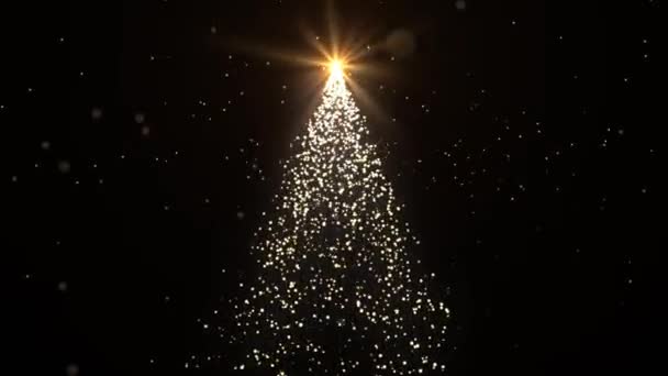 Parlayan Altın Bir Noel Ağacının Animasyonu Yıldızları Siyaha Aydınlatan Parçacıklar — Stok video