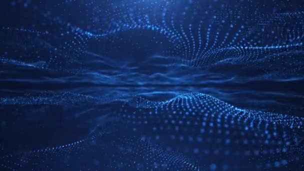 Onda Brillante Abstracta Partículas Puntos Mueve Sobre Fondo Azul Visualización — Vídeo de stock