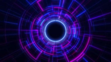 Dijital fütüristik tünel ya da zaman ve uzayda yüksek hızda seyahat etmek, parlak neon hatlarını hareket ettirmek. Yüksek teknoloji koridoru, warp hızı, solucan deliği.