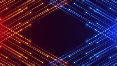 Parlak mavi ve turuncu parçacıkların soyut arkaplanı. Parçacıkların yörünge boyunca akışı. Neon çerçeve. Sunum veya metin için arkaplan. Kusursuz döngü.