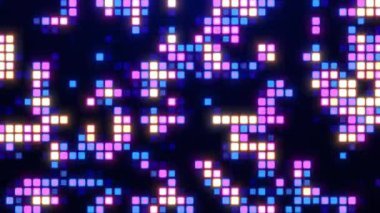 Parlak rastgele noktalar ve ızgara ya da neon ışıkları olan soyut renkli dijital arkaplan. Gelecekçi siber uzay. Büyük veriler, Hitech konsepti. Sanal alan. Kusursuz döngü.