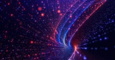 Parlak parçacıklara sahip renkli yüksek teknolojili arka plan, karmaşık bir spiral yapı oluşturan dönen noktalar. Bilimkurgu dijital uzay, parçacıklar çizgiler ve yüzey dalgaları oluşturur. Soyut arkaplan