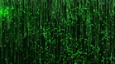 Rastgele parlayan karelerle soyut yeşil arkaplan. Dijital veri akış matrisi efekti. Matris ikili kodu. Düşen parçacıkların akışı. Yapay Zeka kavramı kusursuz döngü 4k