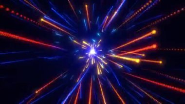 Karanlık bir arka planda hareketli ışık çizgileri. Parçacık patlaması. Işık hızı, noktalardan ve parçacıklardan havai fişekler, uzay sahnesi, fütüristik arka plan. Kusursuz döngü 4k video.
