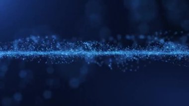 Soyut parçacık dalgaları, arka plan ışıkları, titreşen parçacıklar, büyük veri akışları, görselleştirme, animasyon ve siber bağlantılarla titreşen pürüzsüz çizgiler sallayan fütüristik dijital arkaplan. Canlandırma döngüsü 