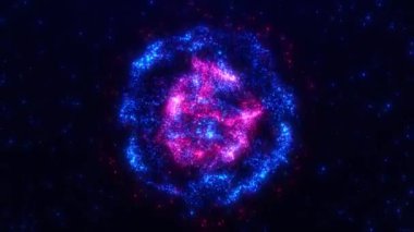 Soyut parlayan küre, enerji topu ışık ışınları, parçacıklardan ve noktalardan gelen sihirli dalgalar, soyut teknoloji, bilim, mühendislik ve yapay zekanın yavaş çekim arkaplanı ile parlıyor. Kusursuz döngü.