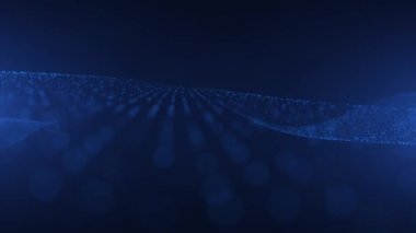 Parçacıkların ve noktaların soyut parlayan dalgaları mavi arkaplanda, büyük veri görselleştirmesi, fütüristik ve dijital arkaplan, 3D, 4K, kusursuz döngü