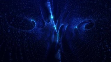 Parıldayan fütüristik yüksek teknoloji parçacıklarının soyut dalgaları. Yüksek teknoloji sarmalı. Çizgi dalgaları. Kıvrımlı neon parçacığı yüzeyleri. Soyut arkaplan. Kusursuz döngü, 4K