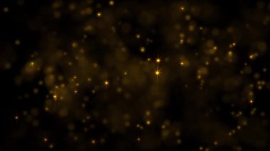 Güzel altın parıldayan parçacıklar, yıldızlar ve bokeh. Ağır çekimde siyah arka planda parlayan yıldızlar. Altın parçacıklarının soyut arkaplanı. 3D, 4K, kusursuz döngü