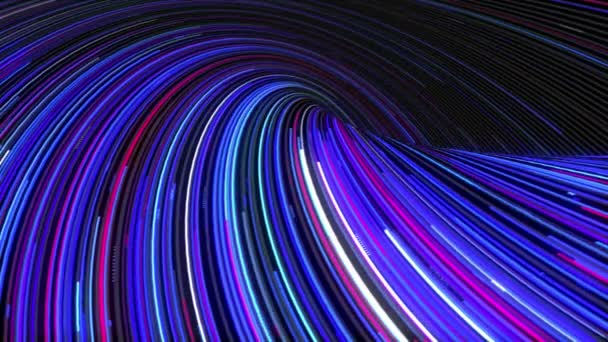 ネオン線の未来的な流れ 曲線ライトストライプ 明るいネオンレイ 輝く曲線 輝くトレイルと抽象的なカラフルな背景 高速ライン 3Dアニメーション — ストック動画
