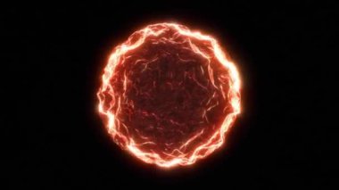 Turuncu yanan sihirli ateş küresi, enerji parçacık ateş topu, dairesel ateş şok dalgaları, sıvı küre ya da yanardöner şekil. 4k video, 3D, kusursuz döngü