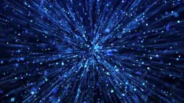 Uçan parlak ve parlak parçacıklar, düşen mavi ışıltı, soyut noktalar yağmuru. Parçacık patlaması. Dijital fütüristik arka plan. Kusursuz döngü 4k video.