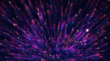 Parçacıkların soyut renkli toz patlaması, parlayan parçacıkların hareketi, ışık hızı, noktalardan ve parçacıklardan havai fişekler, uzay sahnesi, geleceksel arkaplan. Kusursuz döngü 4k video.