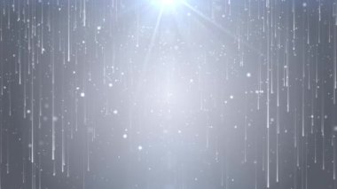 Düşen parlak parçacıklar, temiz beyaz arka planda toz ve parlak noktaların canlandırılması. Güzel Bokeh, uçan parçacıkların yağmuru, parlıyor. animasyonsuz döngü video 4k.