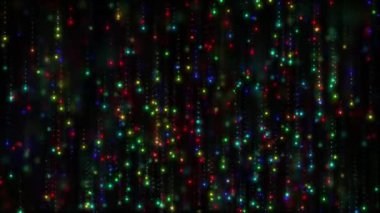 Sihirli uçan parçacık ışıkları. Renkli parçacıkların yağmuru. Üç boyutlu animasyon. Güzel bokeh, kusursuz döngü