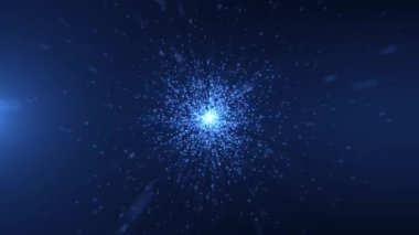 Mavi ışık arka planında kameraya doğru uçan soyut parçacıklar. Kusursuz 4k döngü videosu.