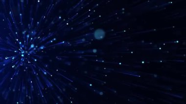 Parlak neon ışınları ve parıldayan çizgilerle soyut renkli arka plan. Mavi neon çizgileri toz parçacıkları. Parlak parçacıklar ve güzel bokeh. Kusursuz döngü canlandırması