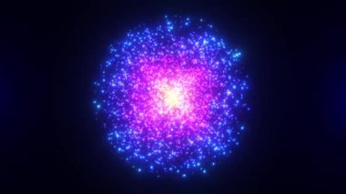 Karanlık bir arka planda parlayan parlak pembe ve mavi parçacıkların soyut yuvarlak küresi, parlak noktalardan oluşan enerji topu, küresel bir topun hareketi. Kusursuz 4k döngü videosu.
